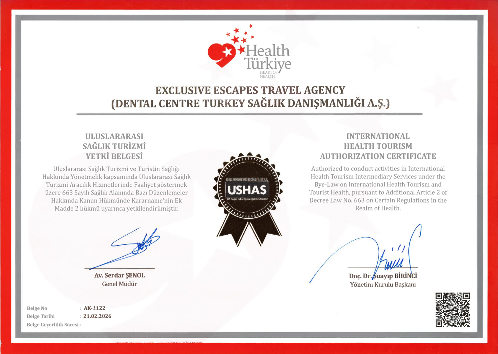 International Health Tourism Authorization Certificate